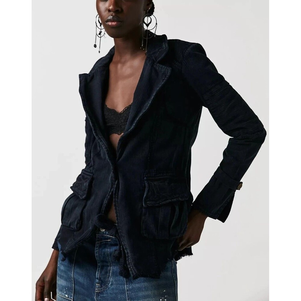 Free People Harlow Jacket Blazer Coat Top Long Sleeves Black Cotton S 288298